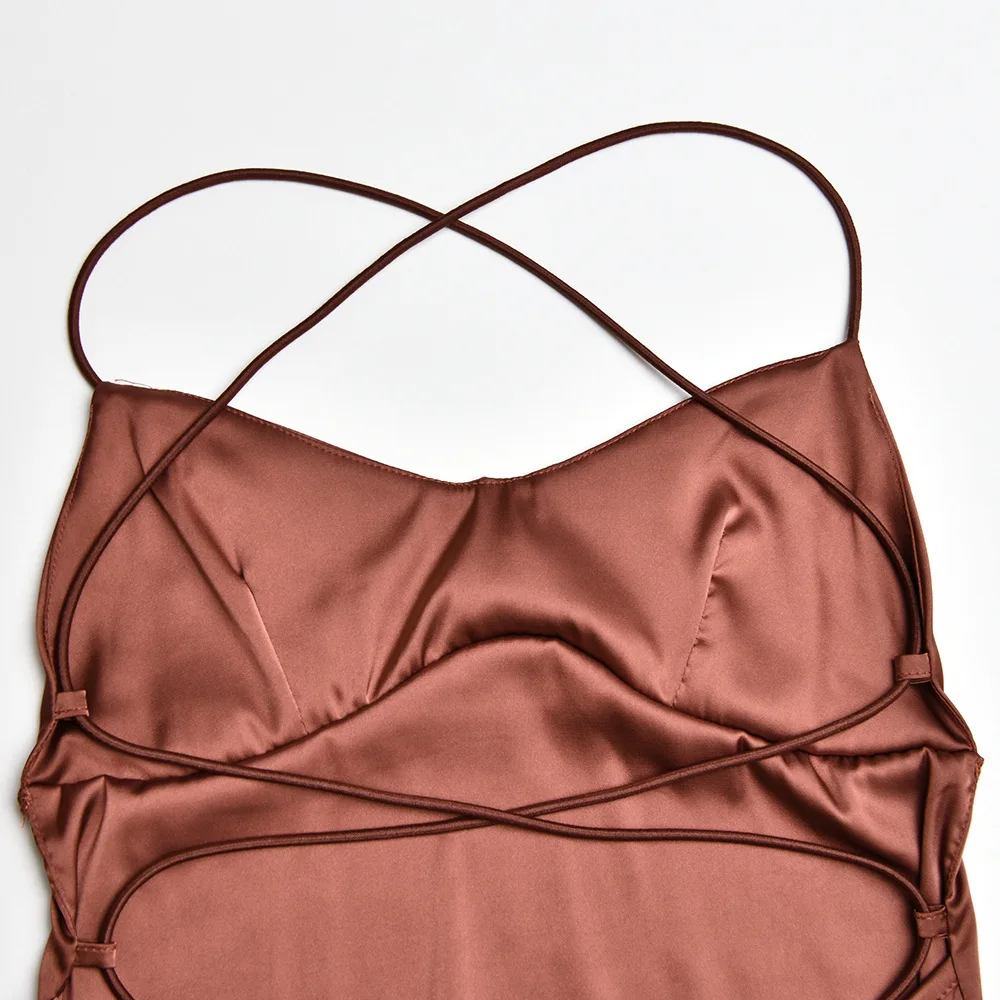 Women'S Sexy Suspender Satin Dress Party Dress New Fashion Backless Lace Waist Long Dress