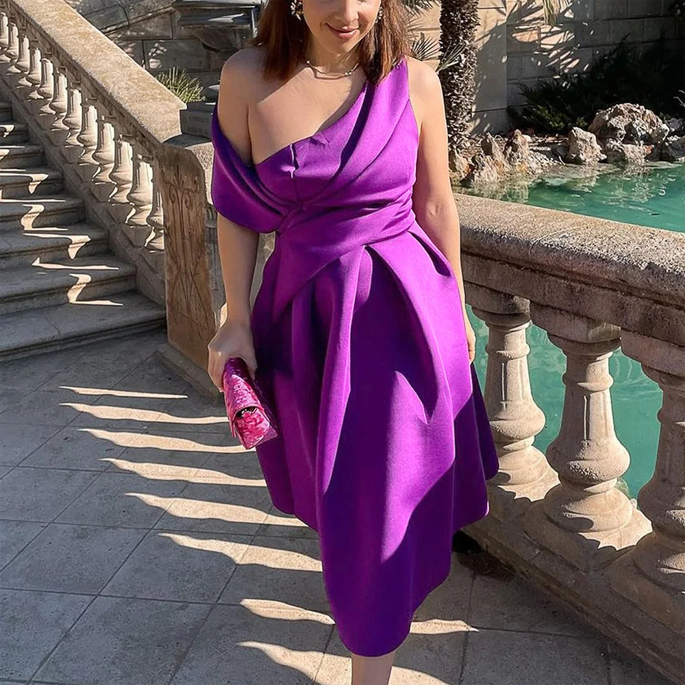 Sexy Purple Dresses One Shoulder 2023 High Waisted A Line Mid Calf High Quality Luxury Ladies Birthday Party Dinner Vestidos Hot