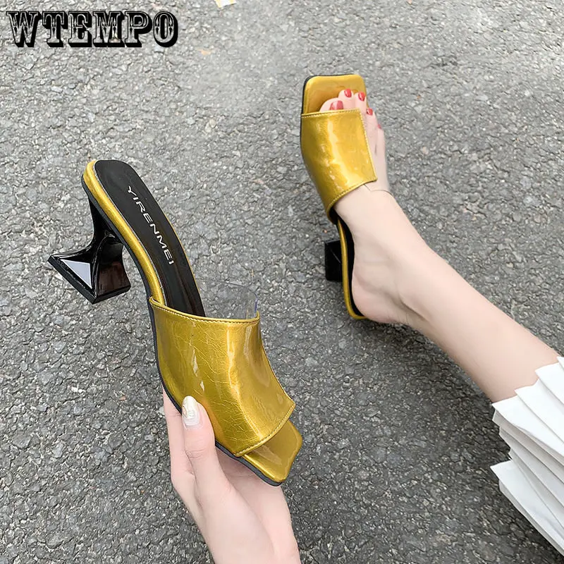 WTEMPO Women High Heels Shoes Patchwork Transparent Sandals Femmes Clear Square Open Toe Slides Wholesale Dropshipping