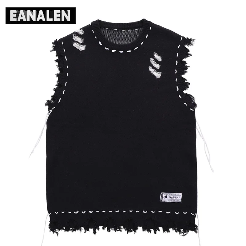 Harajuku tattered fringed sweater vest women's y2k Vintage korean oversized knitted ugly sleeveless sweater men's aesthetic