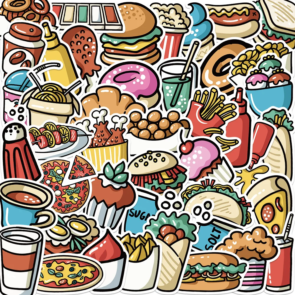 

44pcs Cartoon Illustration Food Graffiti Stickers for Fridge Luggage Water Bottle Laptop Pad Phone Scrapbook Kids Decals