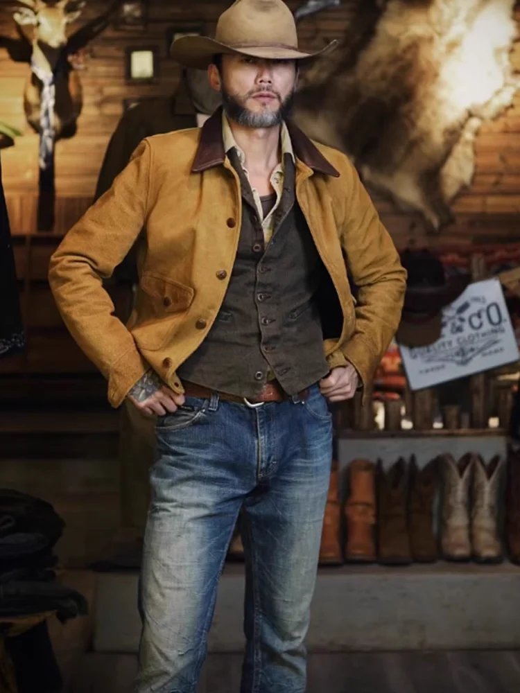 Мужская весенне-осенняя куртка из натуральной коровьей замши винтажная