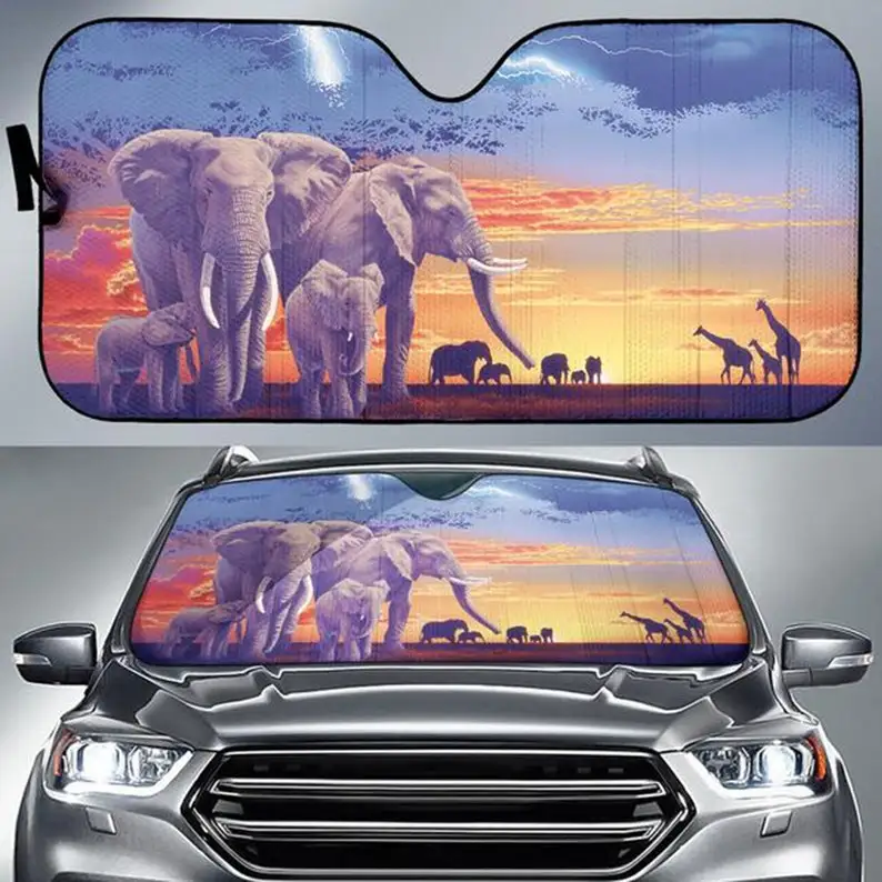 

Car Sun Shade With Elephant Print, Auto Sun Shade A Unique Gift For Elephant Lovers,
