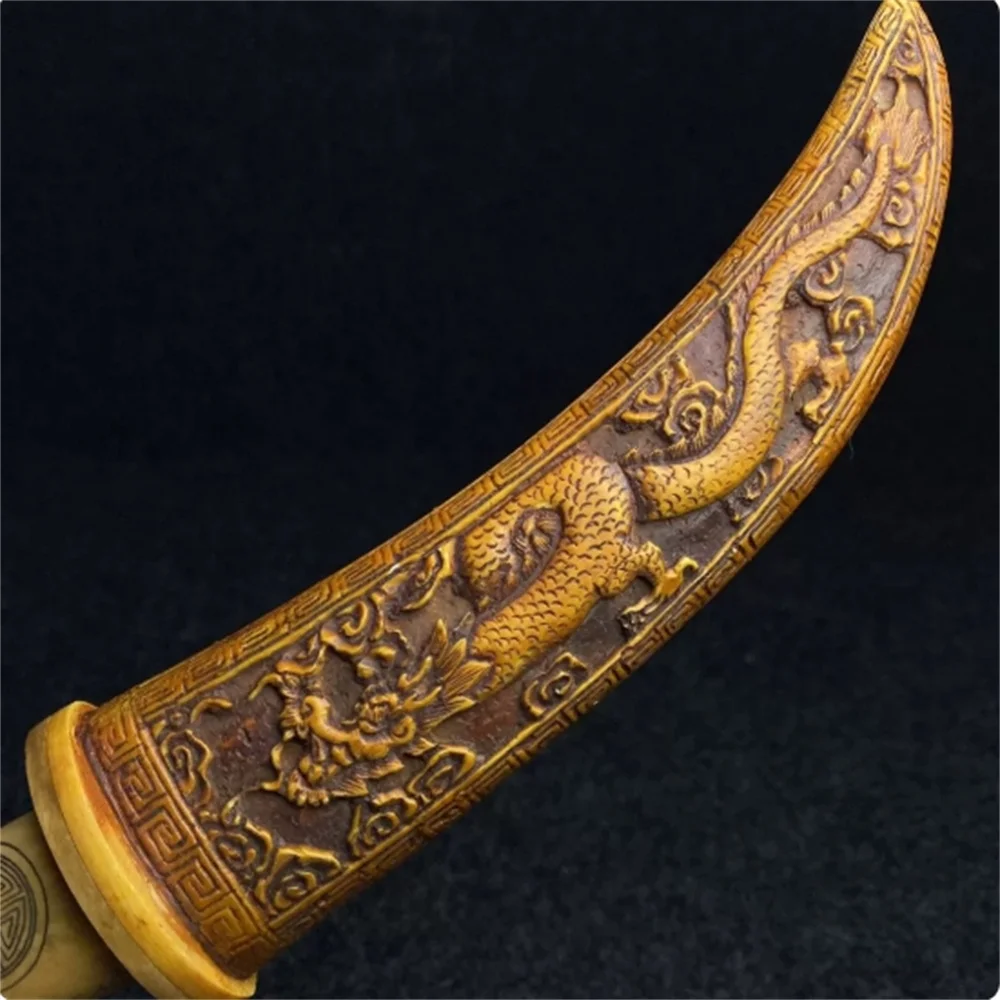 Фото Изысканный нож/меч из кости яка, резной нож из кости зверя с двойным драконом, играющим с жемчужиной №4
