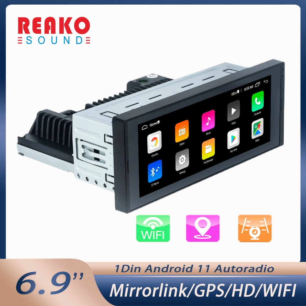 

REAKOSOUND Android 11 1Din 6.9'' GPS Navigation Wifi Car Multimedia Player FM BT 1080P HD MirrorLink Car Stereo For Universal