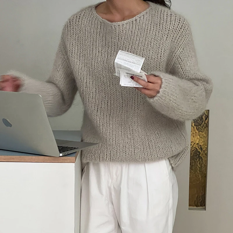 

Зимний женский Повседневный однотонный свободный свитер с круглым вырезом и длинным рукавом