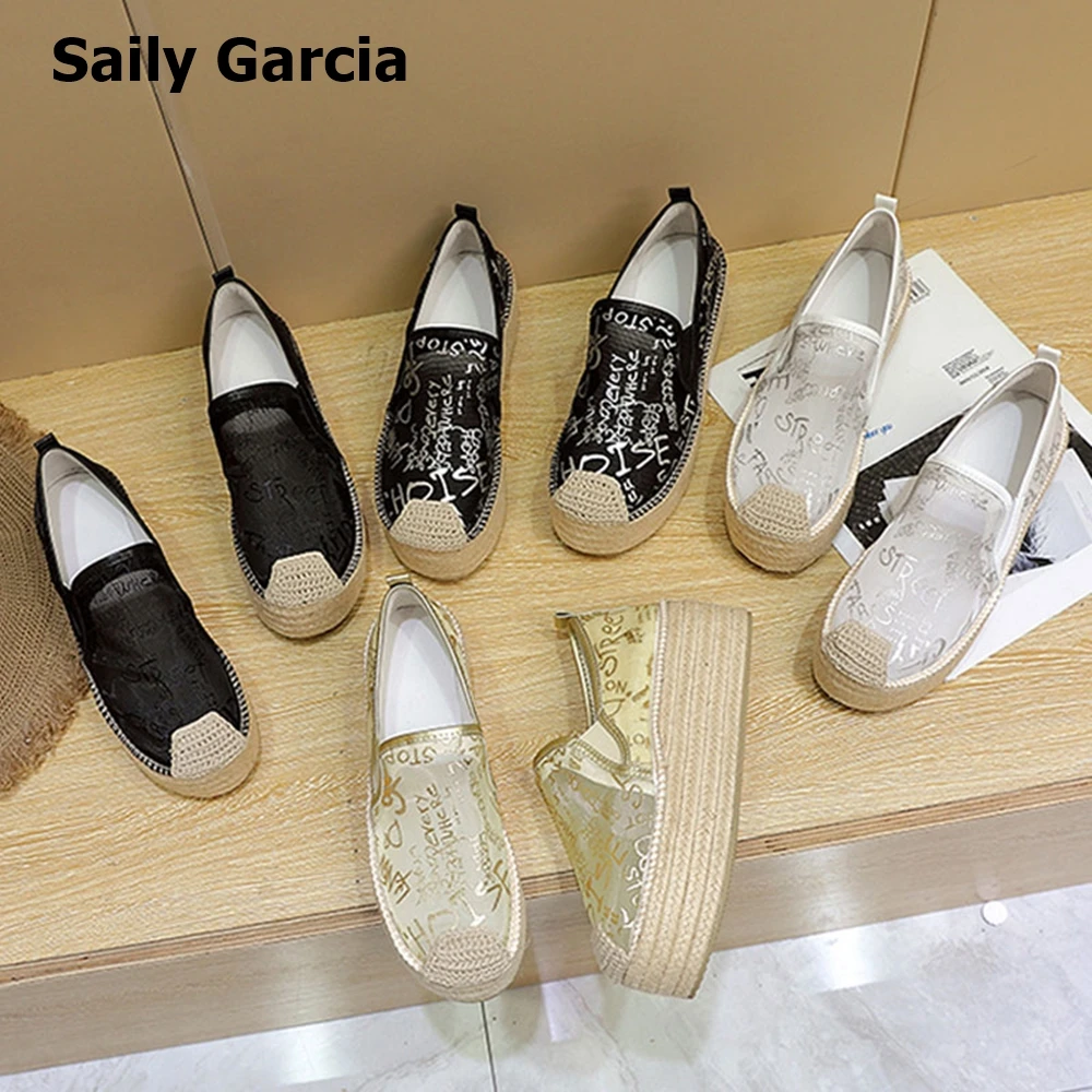 

Genuine Leather Round Toe Air Mesh Platform Espadrilles Summer New Style Flat Straw Sandals Solid Breathable Women Casual Shoes
