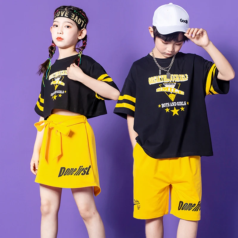 

Children'S Performance Dance Clothes For Girls Short Sleeves Top Skirt Shorts For Boys Hip Hop Clothing Kids Kpop Outfits XS4058