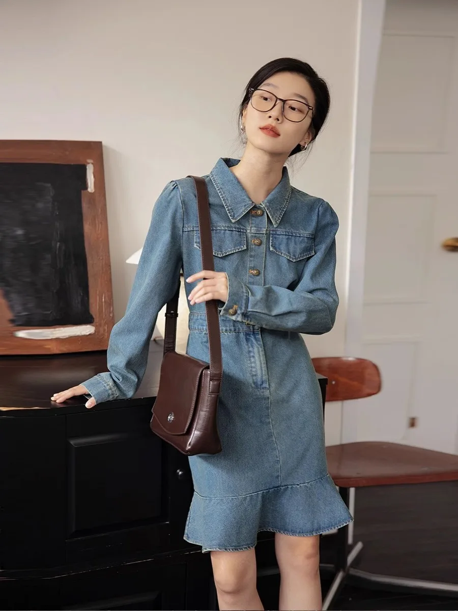 Джинсовая юбка рыбий хвост женская осень 2023 новинка во французском стиле