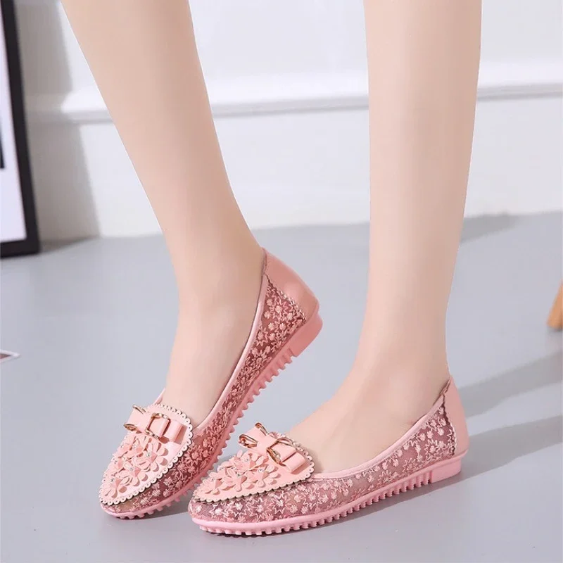 Женские летние дышащие однотонные удобные лоферы с мягкой подошвой и бантом