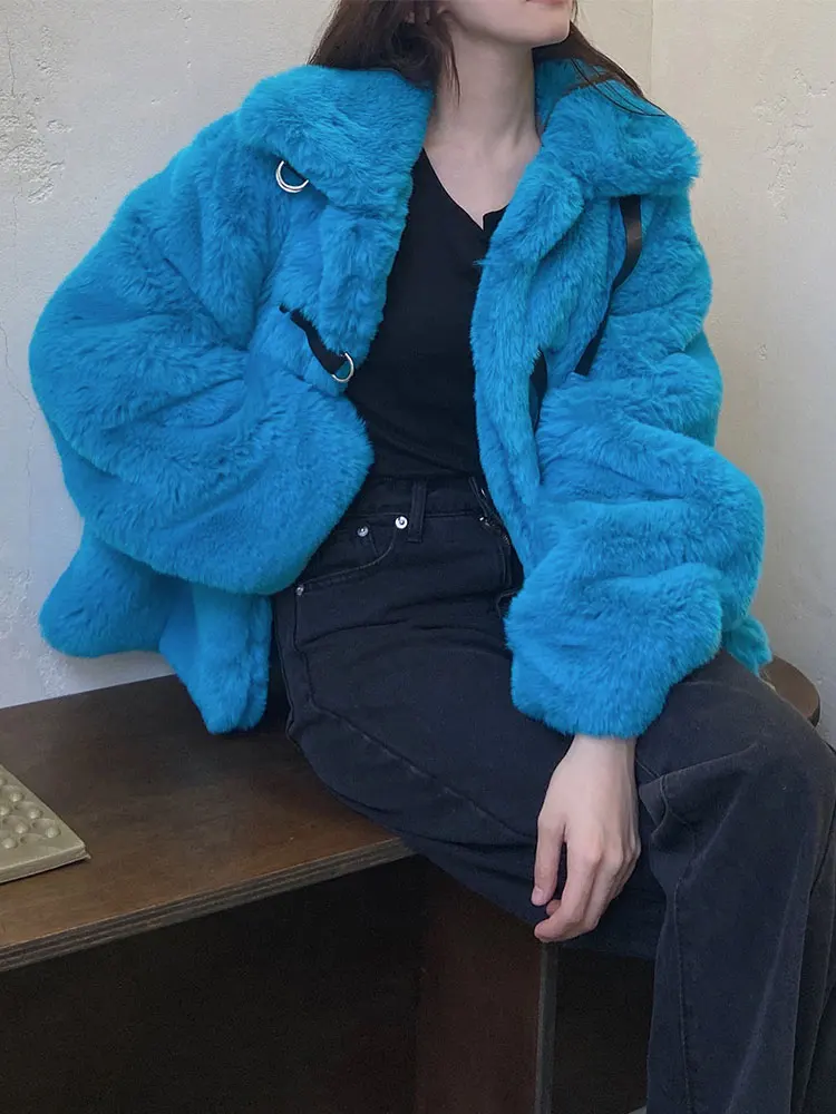 Young Style Streetwear Women Fluffy Overcoat 2022 New Autumn Winter Thicken Faux Rabbit Hair Fur Jacket Coat Blue Three Buttons