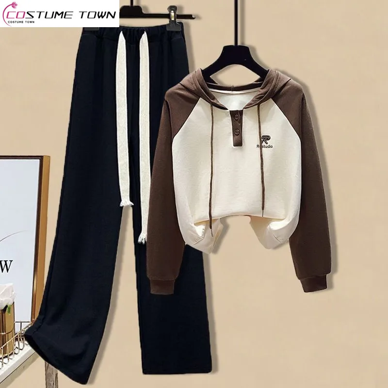 

Spring and Autumn Women's Set 2023 New Korean Hooded Top High Waist Casual Wide Leg Pants Sports Two Piece Set