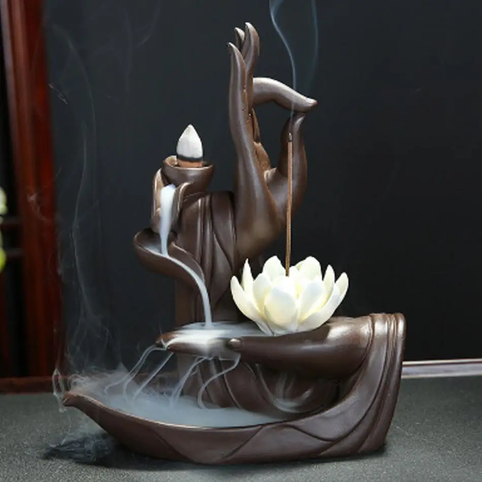 

Zen Buddha Hand Incense Burners Backflow Incense Burner Holder Lotus Home Decor Joss Stick Aroma Tower Censer With20PCS Cones