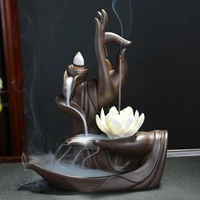 zen buddha hand incense burners backflow incense burner holder lotus home decor joss stick aroma tower censer with20pcs cones