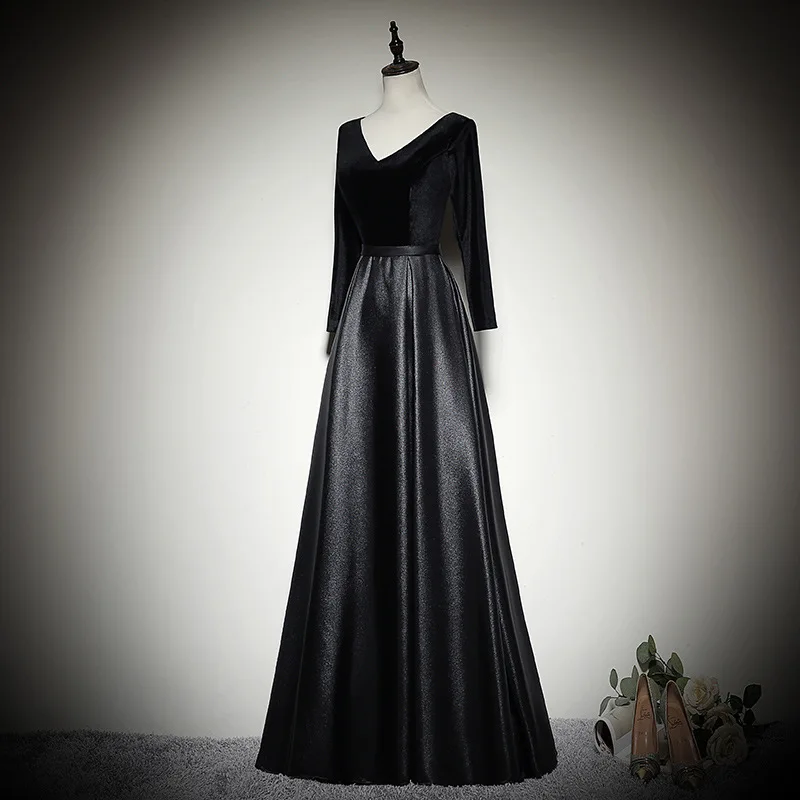 

Long Sleeve Prom Dress Black A-Line Vestidos Sexy Backless Long Party Floor-length Elegant Evening Dresses