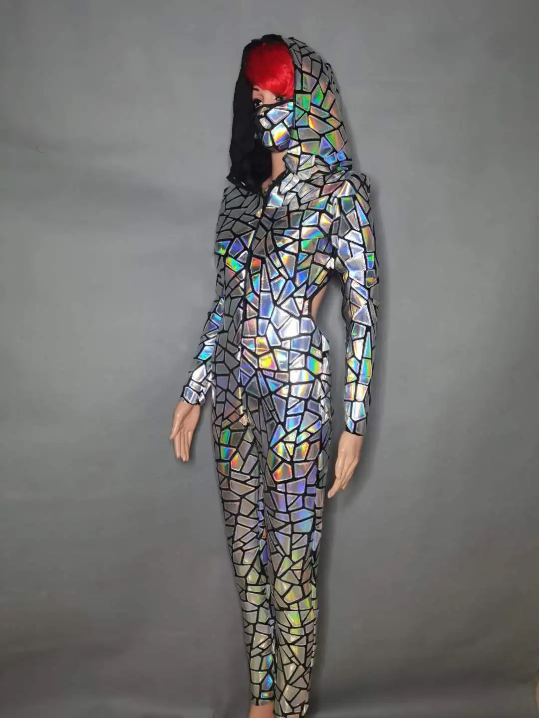 

Женский комбинезон с капюшоном, серебристый комбинезон с лазерным зеркалом в стиле хип-хоп для джазовых танцев, женская одежда с открытой спиной для выступлений на сцене и баре