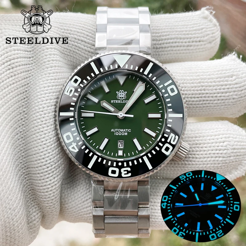 

Часы STEELDIVE мужские большие, швейцарские, зеленые, синие, светящиеся, Классические наручные часы NH35 Move men t SD1976P 1000m, водонепроницаемые