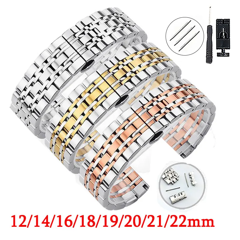 

Curved End Strap Solid Stainless Steel Watch Band 12mm 14mm 16mm 18mm 19mm 20mm 21mm 22mm Universal Wristband Butterfly Buckle