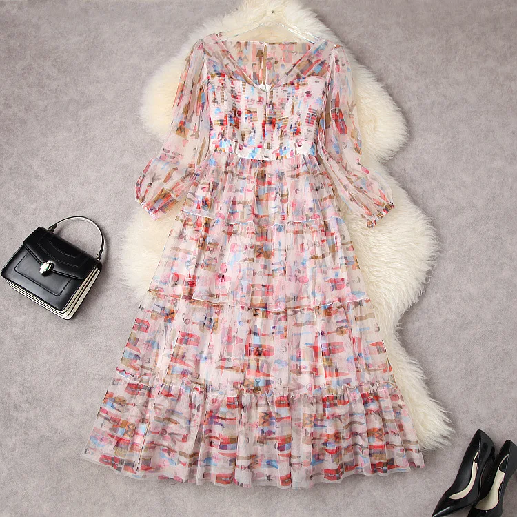 

Женское плиссированное платье с длинным рукавом, Сетчатое платье с V-образным вырезом и принтом в европейском и американском стиле, Новинка лета 2022