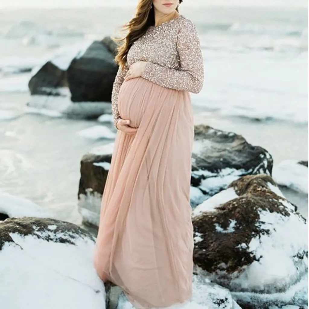 

Dusty Pink Maternity Dresses Elegant For Photoshoot Scoop Neck Sequins Long Sleeve A Line Prom Dress For Pregnant Woman YSAN1542