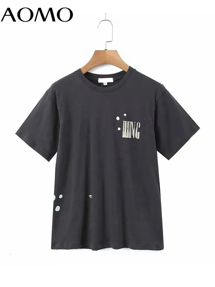 

Женская футболка с коротким рукавом AOMO, Повседневная футболка большого размера из хлопка с надписью, модель 4D48A, 2023