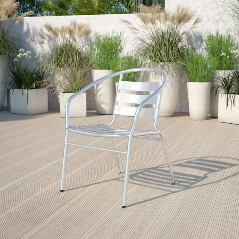 

Aluminum Indoor-Outdoor Restaurant Stack Chair with Triple Slat Back and Arms
