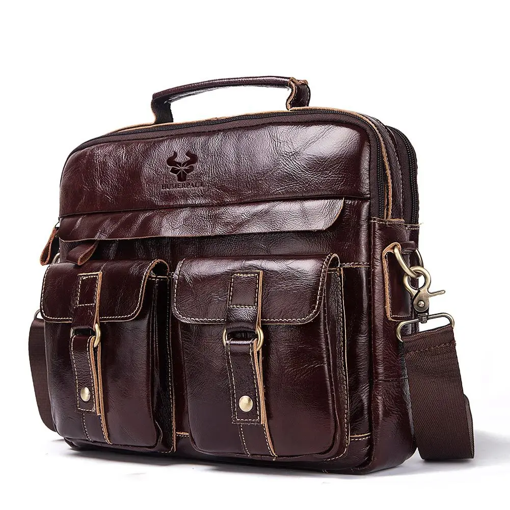 Nolvo Genuine Leather Men Laptop Briefcase Large Capacity Shoulder Bags Messenger Bag Waterproof Wear-Resistant Vintage Handbag