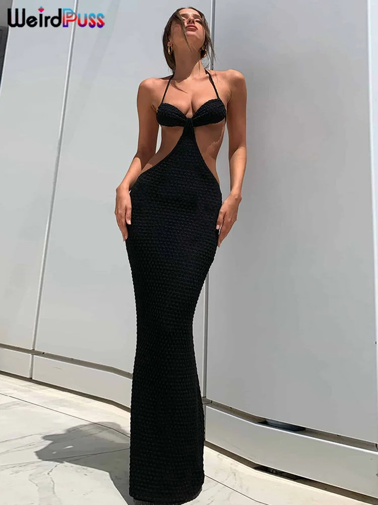 Weird Puss Halter Maxi Dress Women Sleeveless Backless Bandage 2022 y2k Sexy Hollow Out Skinny Elastic Solid Bodycon Clubwear (art.: 3920be045fbdc) - 3920be045fbdc