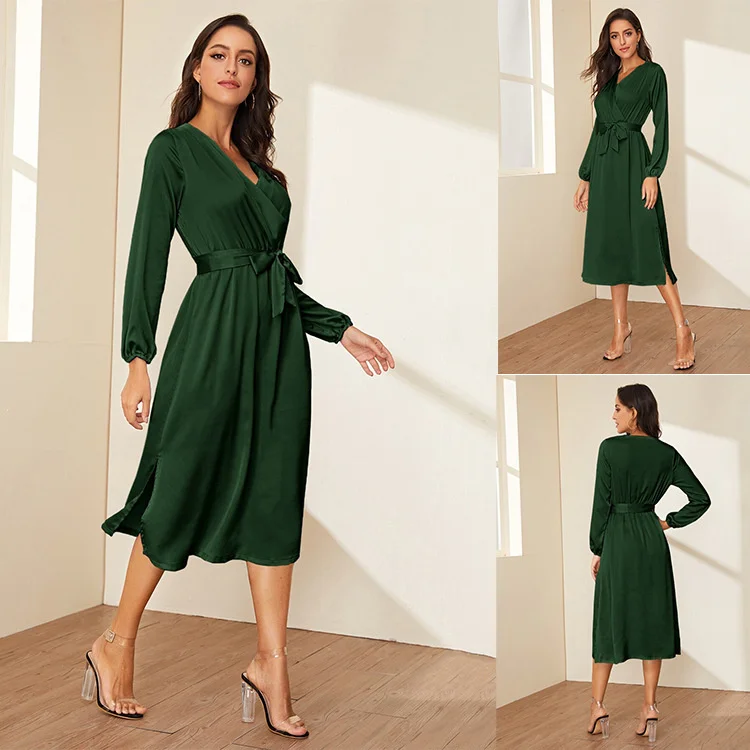 

New fashion street long sleeve solid color split lace up dress