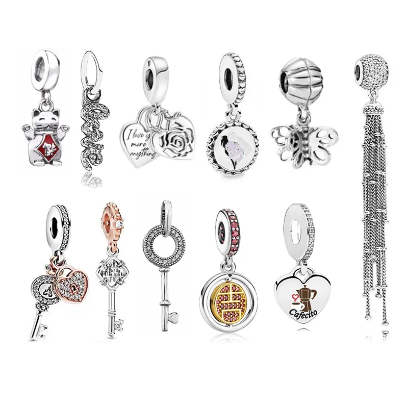 

925 Silver Beaded Bracelet Necklace Accessories Jewelry Rose Butterfly Key Lucky Cat Tassel Mama Dropship Suppliers Brelok