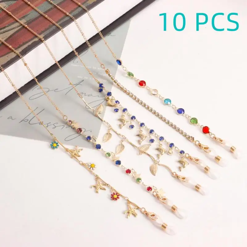 

10 PCS Crystal Metal Glasses Chains Golden Color Gemstones Eyeglasses Lanyard Temperament Mask Rope Eyewear Accessories