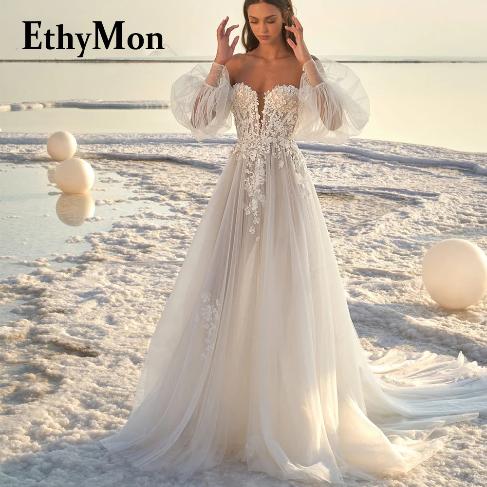 

Ethymon Strapless Fancy Removable Lantern Sleeve Wedding Dresses Tulle For Mariages Made To Order Robe De Soirée De Mariage Lady