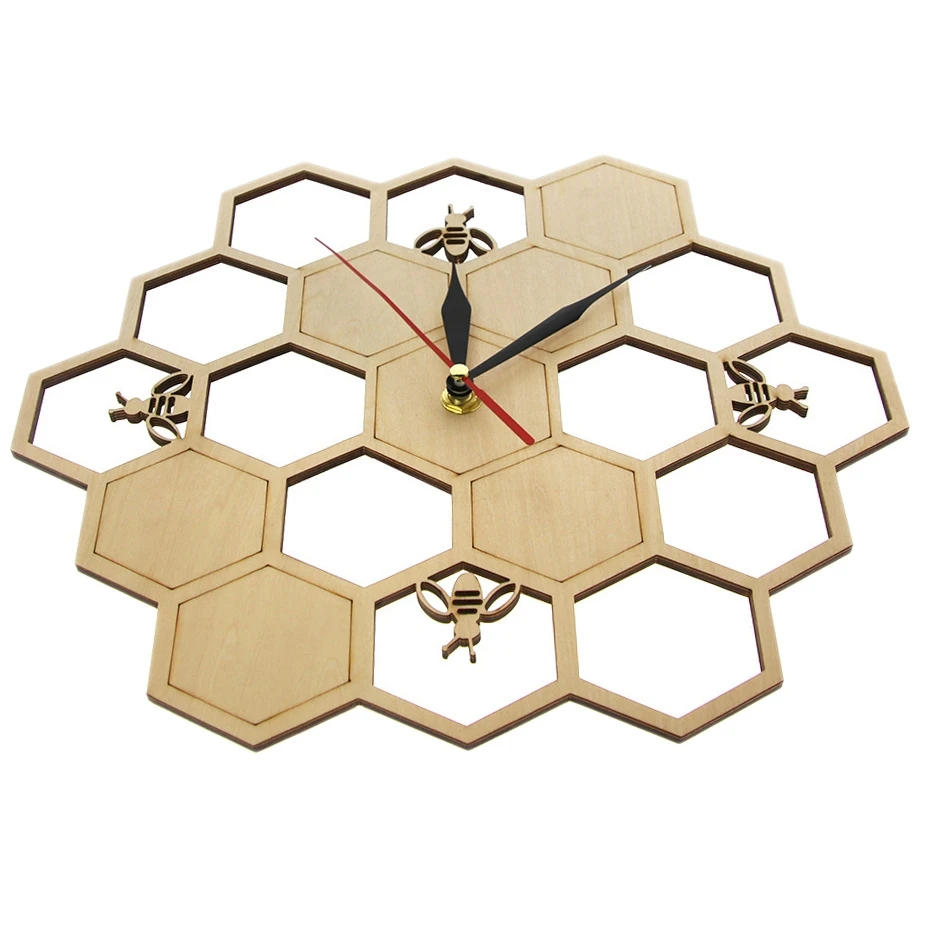

Cut Wood Clock on Honey Comb Hexagon Watch Wall Clock Geometric Kitchen Art Decor