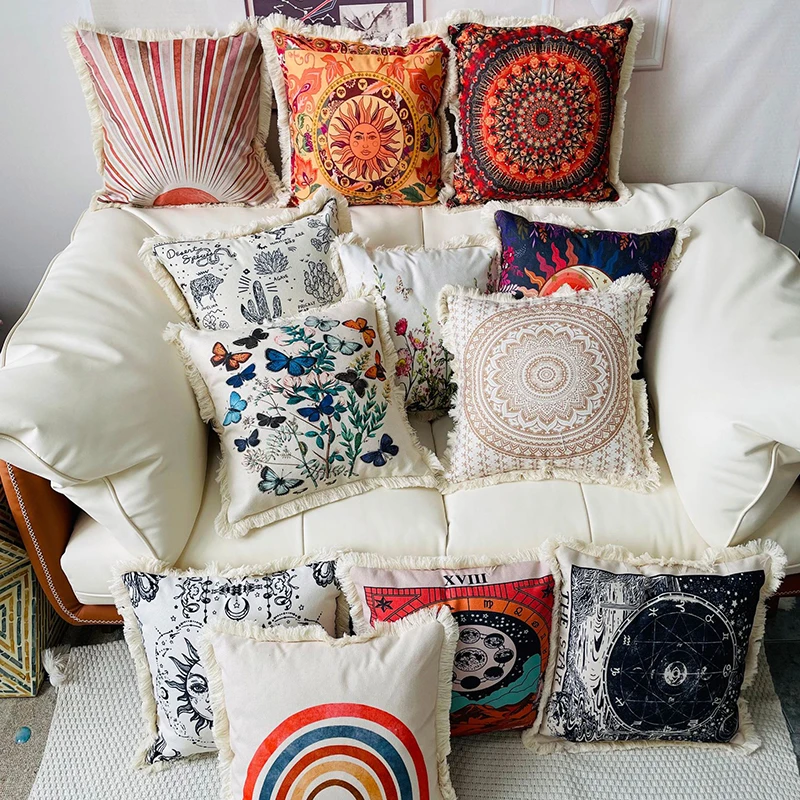 

45*45cm Bohemian Cushion Cover India Mandala Ouija Sun Printed Pillow Case Tassels Decorative Cushions for Sofa Bed Home Decor