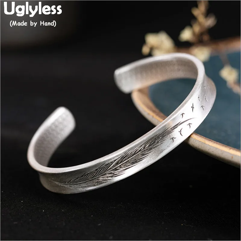 

Uglyless Solid 999 Silver Concave Convex Flying Feather Bangles for Women Free Size Open Wide Bangle 2sides Carved Jewelry BA581