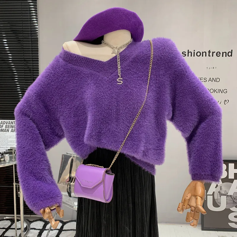 

Женский Однотонный свитер, свободный Универсальный пуловер с V-образным вырезом и длинным рукавом, из искусственной норки, зима 2022