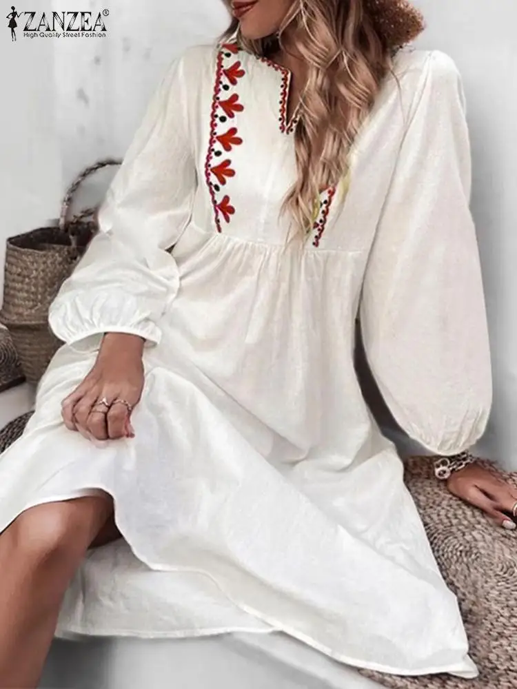 

Платье ZANZEA женское средней длины с цветочной вышивкой, повседневный свободный праздничный Однотонный сарафан с длинными рукавами-фонариками в богемном стиле для отпуска, на лето