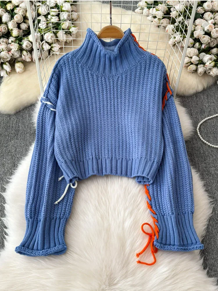 2024 женский осенне-зимний синий свитер шикарный стиль свободный вязаный