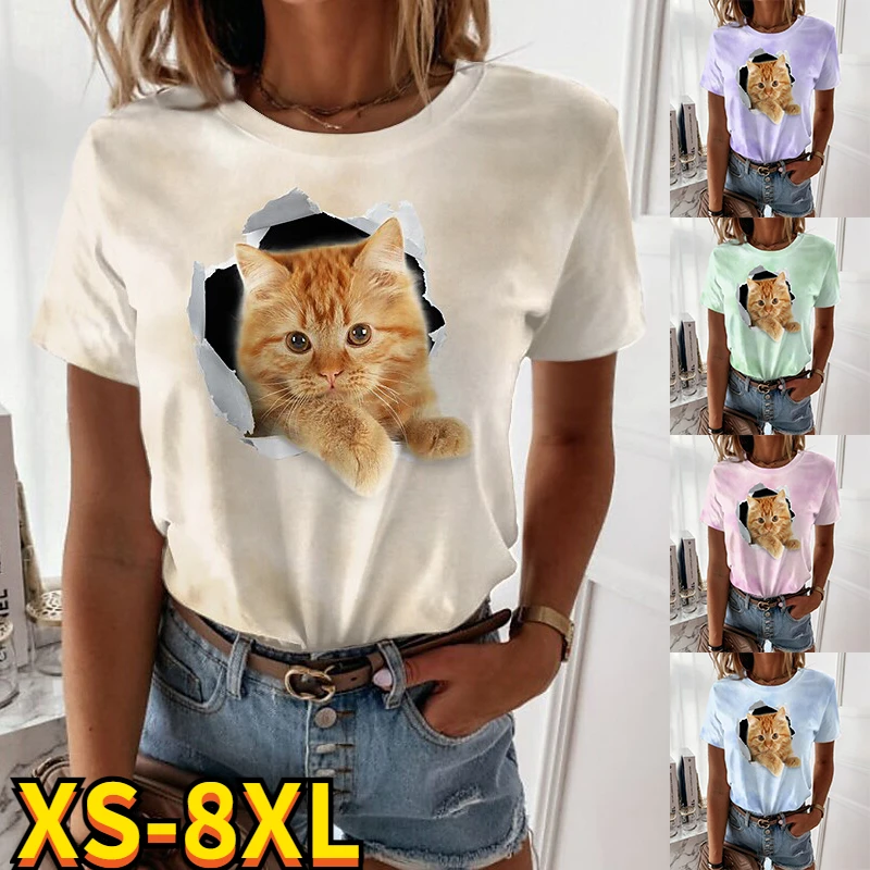 

Элегантная женская Милая футболка с 3D принтом кота, повседневный женский модный пуловер с круглым вырезом, топы большого размера, новый диз...