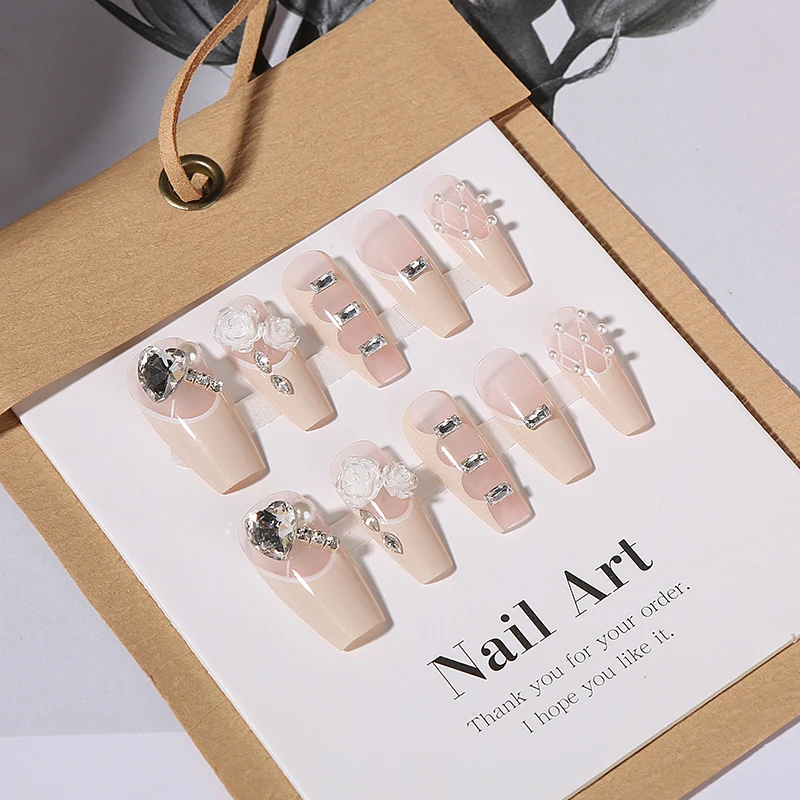 10 шт. балетные французские накладные ногти ручной работы белая камелия стразы