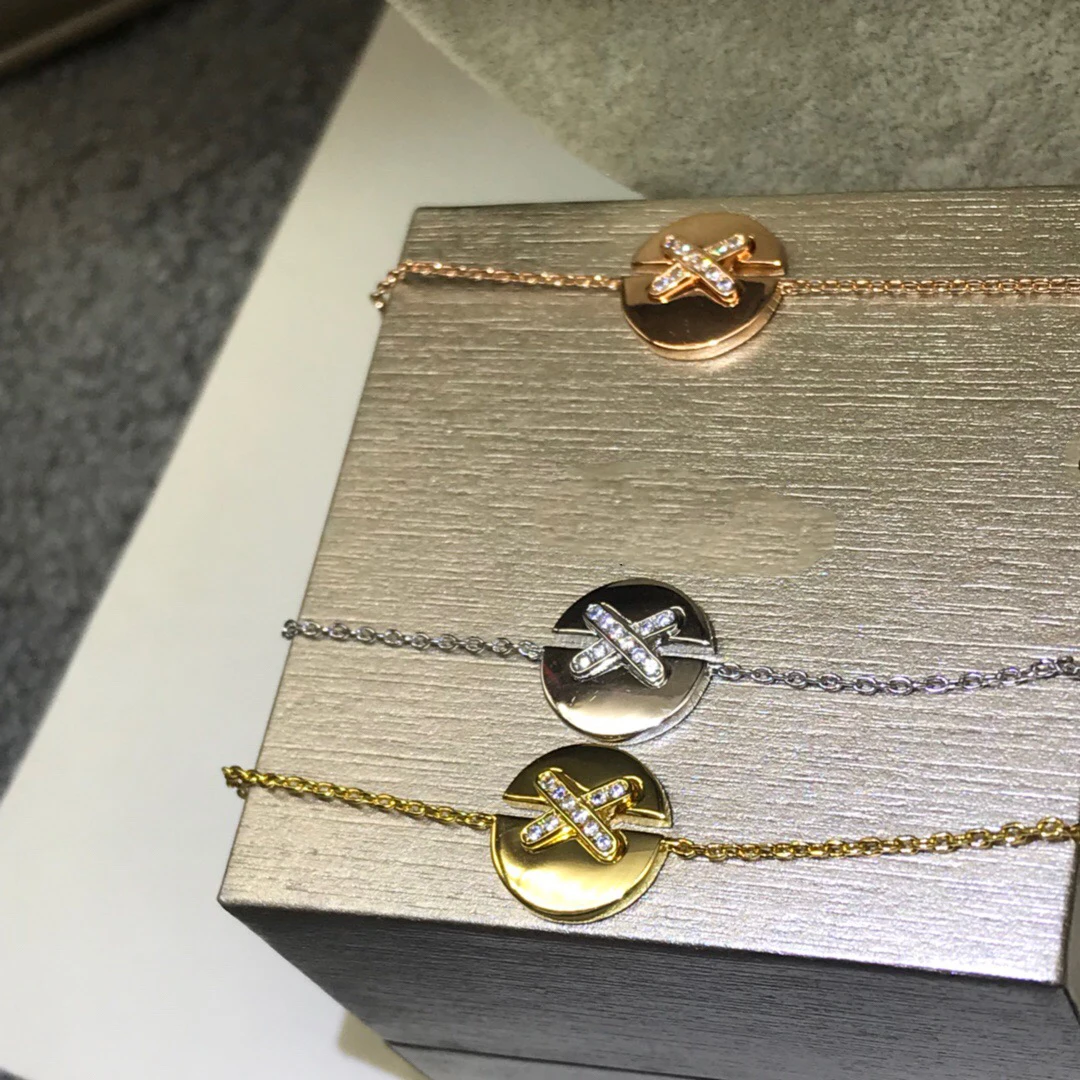 

French Luxury Brand Jewelry 925 Sterling Silver 18k Rose Smooth Cross X Pendant Bracelet Party Gift