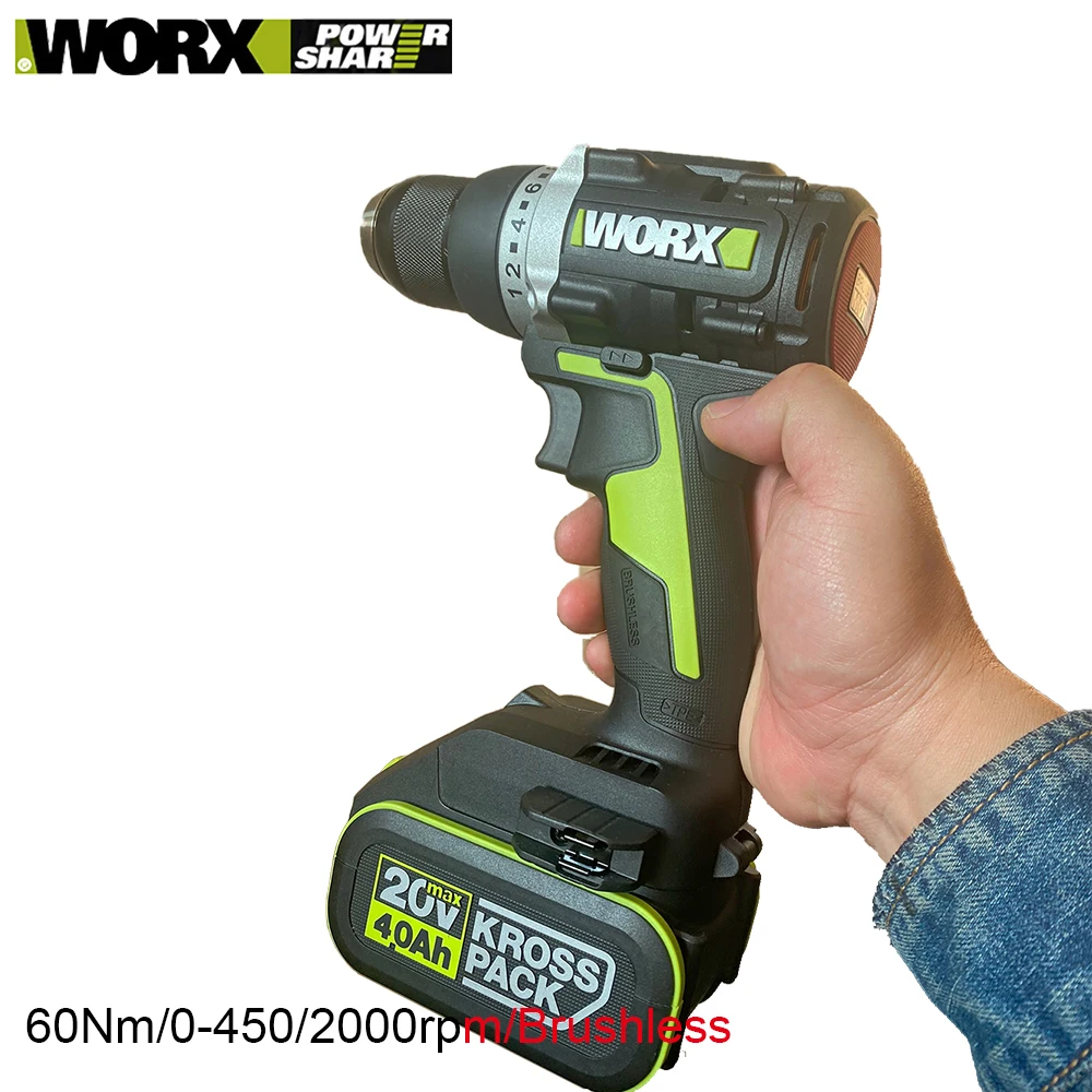 Беспроводная Дрель WORX WU186, 20 В, 60 нм, 2000 об/мин, 2 скорости, регулируемый бесщеточный двигатель, универсальная зеленая батарея, платформа, электроинструменты