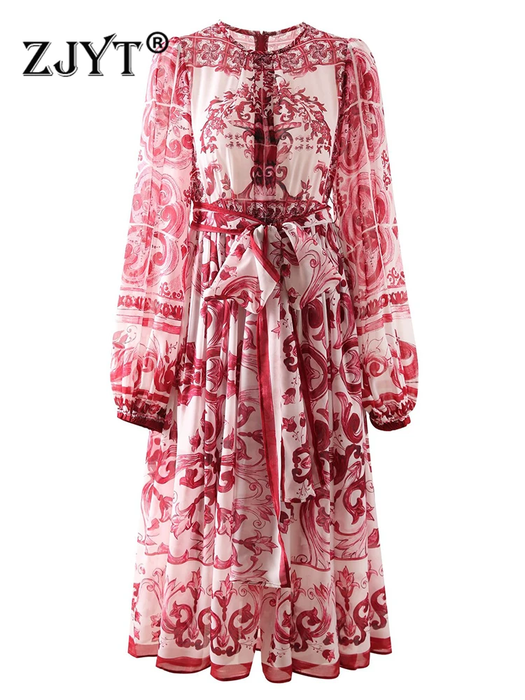 

Женское шифоновое платье ZJYT, модельное винтажное платье с принтом и длинным рукавом, элегантное богемное праздничное платье с поясом, лето