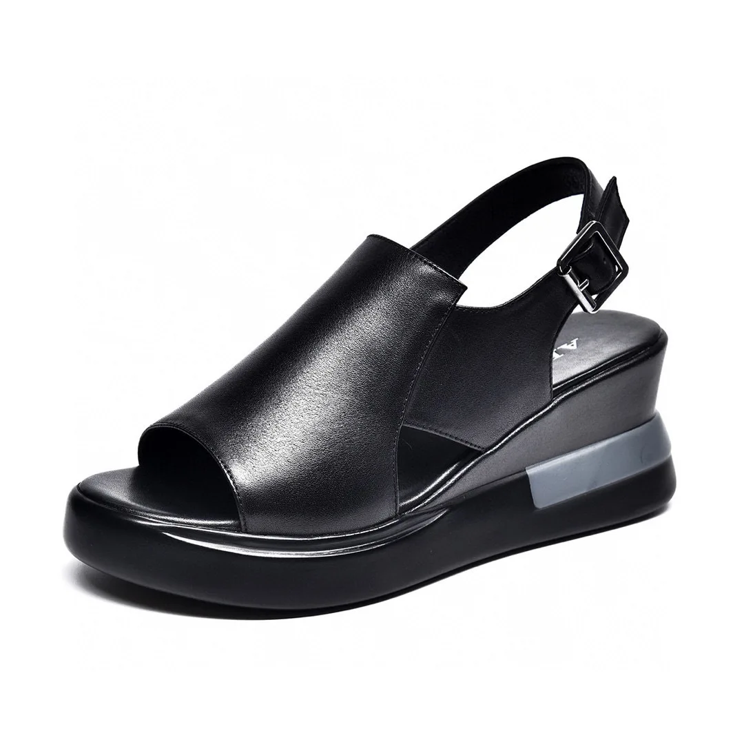 

Genuine Leather Elegant Mid Heel Sandals Ladies Summer 2023 Wedge Platform Chunky Shoes Women Casual Black Sandal Female Fashion