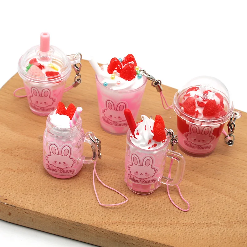 

Strawberry rabbit ice cream cup key chain pendant lovely girl pink imitation ice cup student couple bag Pendant