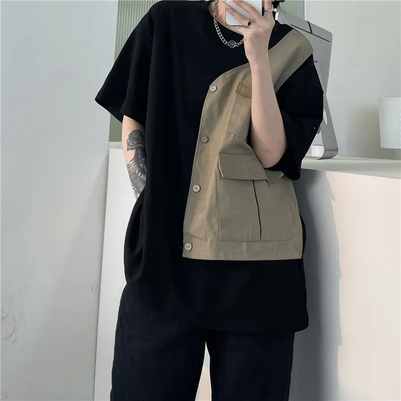 

Splicing T-shirt Fake Two Pieces Stitch Personality Kawaii Clothing Clothes Man Shirts Summer Top Streetwear Hipster Harajuku
