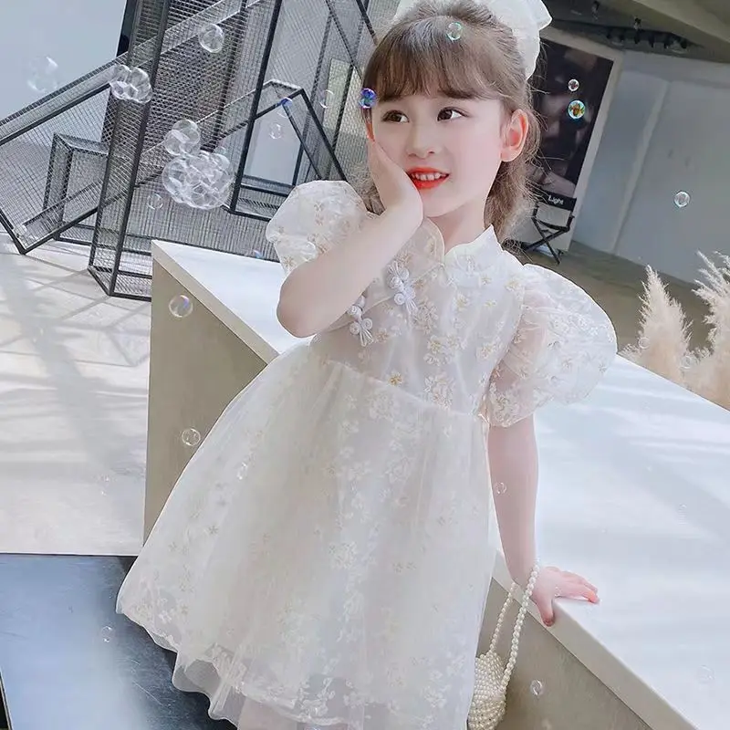 

Kids Girls Dress Summer 2023 New Childrens Chinese Style Hanfu Girls Summer Fashionable Mesh Princess Dress Girls Retro Dress