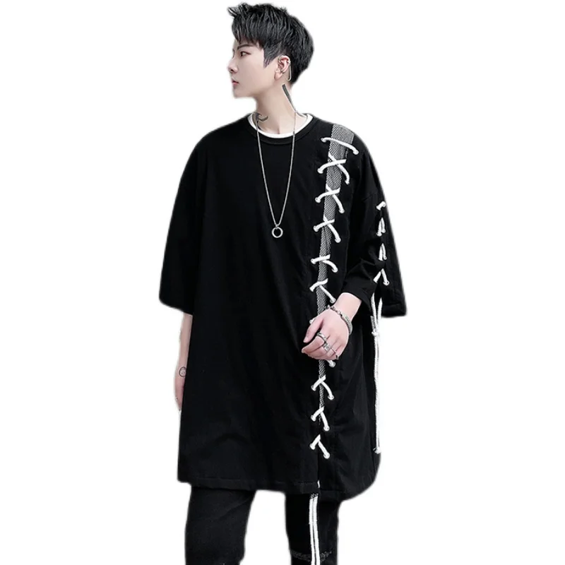

Hip hop Mens T shirt with Straps Short Sleeve Black Loose 2022 Summer