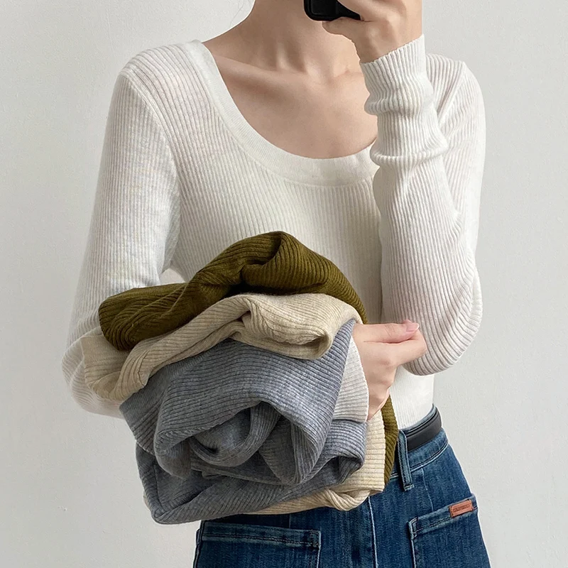 

Женский трикотажный топ с U-образным вырезом, эластичный трикотажный топ с длинным рукавом, в Корейском стиле, Осень-зима 2022