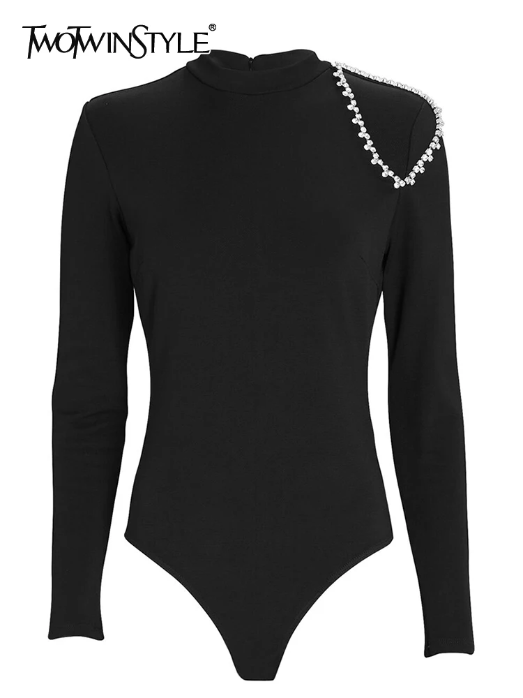 

TWOTWINSTYLE Solid Hollow Out Bodysuits For Women Round Neck Long Sleeve Slimming Spliced Diamonds Chic Bodysuit Female Clothing